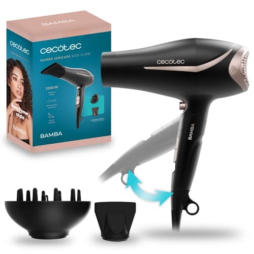 Cecotec Secador Pelo Plegable Bamba IoniCare &Go Glow. Potencia 2200W, Ion Real, Función Aire frío, Tecnología Hair Care, 2 Velocidades y 3 Temperaturas, Incluye Boquilla de Precisión y Difusor