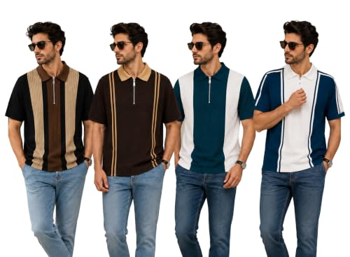 Image of AUSK Men's Retro Cable-Knit Quarter-Zip Polo | Premium Textured Self-Design Half Sleeve T-Shirt for Men