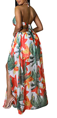 Image of Qikaka Women's Sleeveless Deep V Neck Floral Printed Metal Chain Bodycon Sexy Nightclub Party Boho Dress