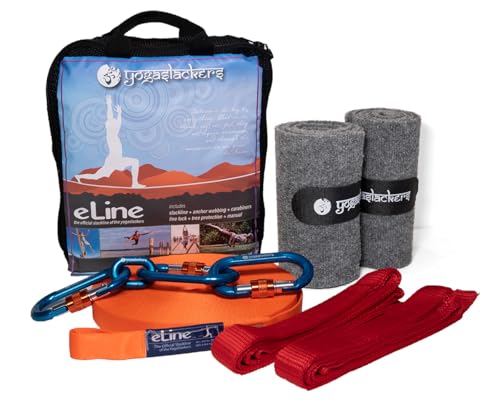 YogaSlackers Full Slackline kit for Yoga and Balance Training e-Line 50 Foot with Included Anchor Straps Locking Carabiners and Tree Protection