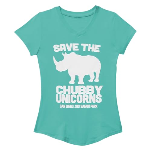 San Diego Zoo Save The Chubby Unicorns Girls' V-Neck Tee, Ocean Teal with Rhino Design, Youth Slim-Fit T-Shirt