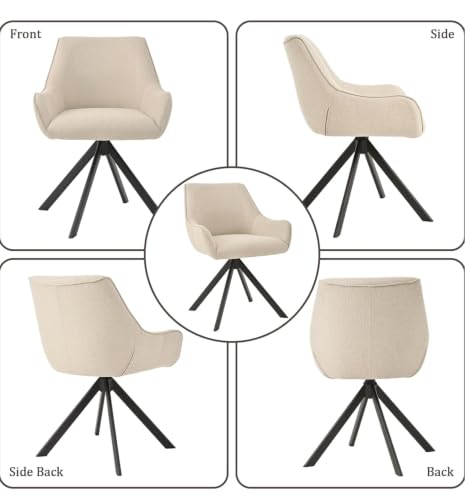 Image of Set of 4 Chairs 360 Degree Rotating Legs Stylish, Modern, Elegant & Comfortable Linen Fabric Arms Chairs for Dinning Living Hotel Cafe (Beige Linen Set of 4)