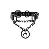 ADEMISHIA Black Gothic Chain Choker with O-ring and Moon Pendant, Punk Grunge Emo Leather Necklace For Women