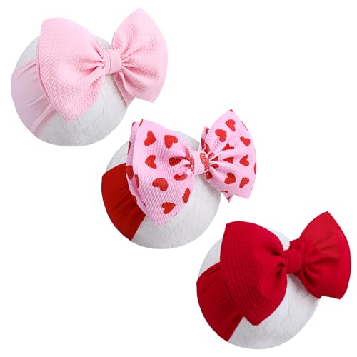 Image of ONENINEDREAM 6'' Large Valentines Bow Baby Headbands Handmade Hairbands with Bows High Stretchy Soft Nylon Headbands Baby Hair Accessories for Infant Baby Girls Red Light Pink Heart