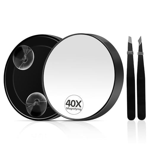 40X Magnifying Mirror Magnifying Mirror Suction Cup Travel Makeup Mirrors with Precise Tweezers Compact Mirrors for The Removal of Female Facial Hair 3.5 Inches (Black)