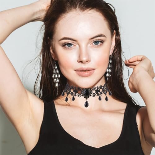 Gothic Halskette Set Schwarz Halsschmuck Damen Spitze Kette Damen Gotisch Choker Zubehör Vintage Halsband Victorian Schmuck für Halloween Pfingsten Maskerade Karneval Fasching Halloween Outfit,2 Stück