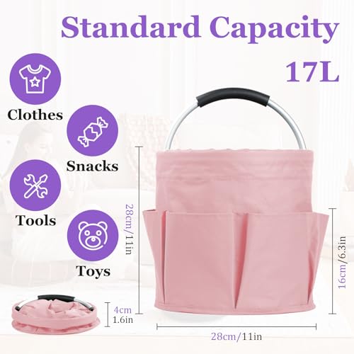 Image of 17L Portable Shower Caddy with 6 Side Pockets, Foldable Cleaning Supply Caddy with Handle, Garden Tool Bag in 600D Oxford Fabric, Multifunctional Storage Basket for Showers, Picnics, Pink