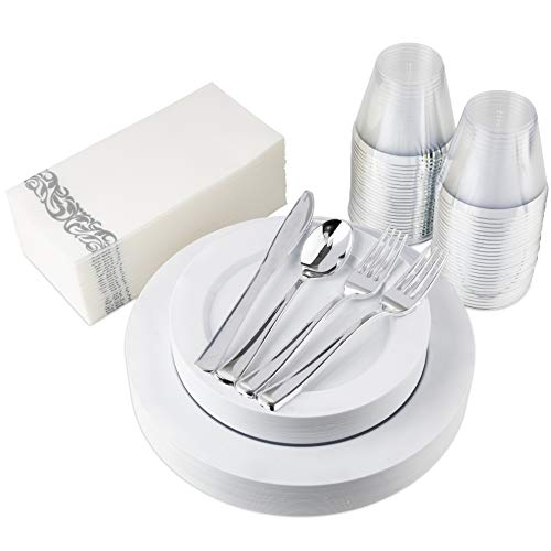 White Plastic Dinnerware (200-Piece) Plastic Plates, Plastic Cutlery, Plastic Cups and Guest Towels