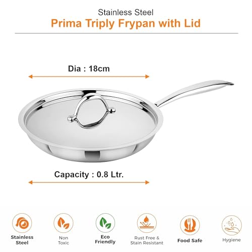 Image of Prabha Stainless Steel Fry Pan with Lid, Kitchen Fry Pan, Tri-Ply Layer Coating, 18cm, 0.8L Capacity, Induction and Gas Stove Suitable