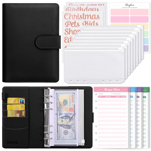 SKYDUE A6 Budget Binder,Money Organizer for Cash with 8pcs Zipper Envelopes,12pcs Expense Budget Sheets & 24 Rose Gold Sticky Labels,Money Saving Binder for Budgeting (Black)