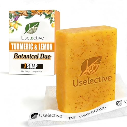 Uselective Lemon & Turmeric Soap Bar for Dark Spots, Powered by Kojic Acid & Vitamin C - Deeply Moisturizing with Amino Acids & Shea Butter - SLS Free for Face/Body
