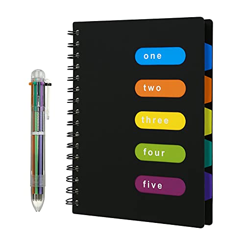Kesote A5 Cuaderno Espiral con Etiquetas de 6 Color y 1 Bolígrafo de 6 Color A5 Notebook para Escuela, Oficina o Hogar, 120 Hojas (Negro)
