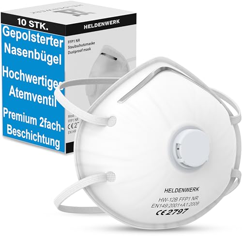 HELDENWERK Atemschutzmaske im 5er, 10er oder 20er Set - Atemmaske - Perfekt anpassbare FFP1 Mundschutz Maske - Feinstaubmaske, Staubschutzmaske für Schleifen etc