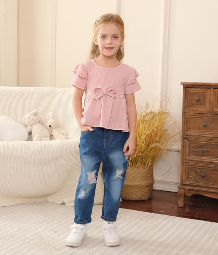 Toddler Baby Girl Clothes Outfit Infant Denim Clothing Ruffle Sleeve Top Ripped Jeans Pants 2 Piece Sets2