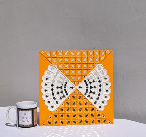 Image of Ethnics of Kutch Traditional Kutch Handicraft Mud-Mirrorwork Lippan Kam Wall Art (Water and Break Resistant) - Square (12 inch x 12 inch) - (Orange LKT-0286)