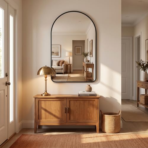 Image of HARRITPURE 20 inchx28 inch Arched Bathroom Mirror, Wall Mounted Mirror, Black Arch Mirror, Aluminum Alloy Frame Wall Mirror for Living Room, Bedroom, Entryway