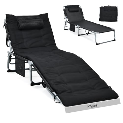 GYMAX Camping Cot, 27” Lounge Chair Outdoor w/Mattress, Headrest, Side Pocket & Carry Strap, 3 in 1 Folding Layout Tanning Lounger, Portable Sleeping Bed for Adults, Lawn, Beach (1, Black)