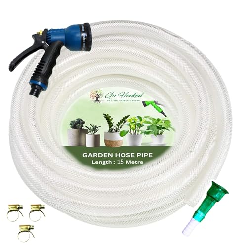 Go Hooked Garden Braided Water Pvc Clear 15 Metre Hose Pipe with Hose Connector and 7 Pattern Sprayer Gun with 3 Clamps for Watering Home Garden Flower Plants. (B0D423D137) Amazon Price History, Amazon Price Tracker