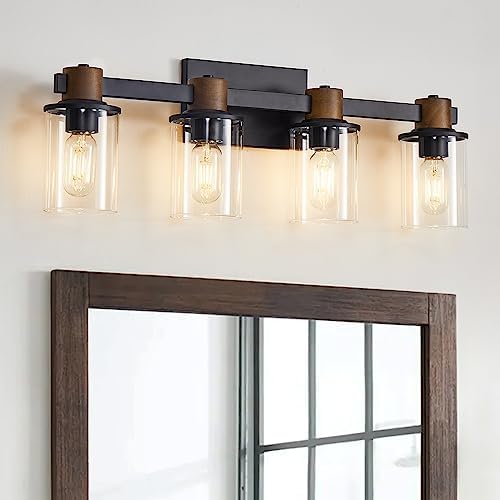 DADUL 4-light Bathroom Vanity Light, Farmhouse Bathroom Light Fixtures, rustic wood Bathroom Lighting over Mirror, Black vanity light fixture with Clear Glass Shade wall Sconce for Living Room Bedroom