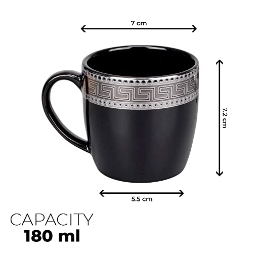 Image of Deco Pride Ceramic Coffee Mug, Elegant Black Cup with Silver Design Set of 6 Pcs (Black 650-714S, 180 ml)