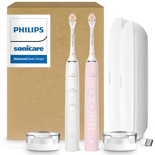 Philips Sonicare DiamondClean 9000 Electric Toothbrush - Sonic Toothbrush with App Pressure Sensor 12 Brushing Settings Replacement Reminder Charging Travel Case White & Pink 2-Pack HX9912/72