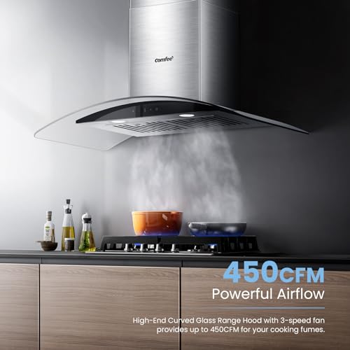 Comfee CVG36W9AST Curved Glass Range Hood 36 Inch 450 Cfm 3 Speed Gesture Sensing &Touch Control Panel Stainless Steel Kitchen Ductless/Ducted Convertible thumb #3