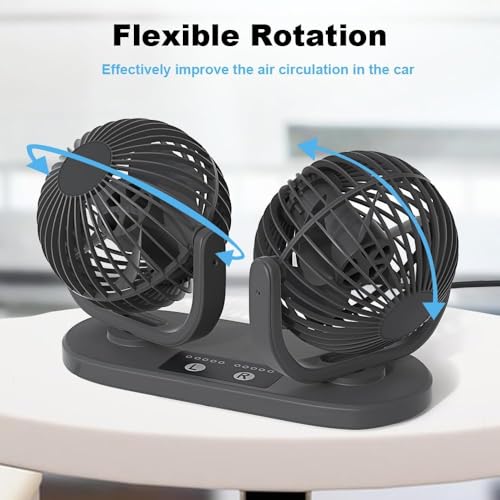 12V DC Instrument Panel Cigarette Lighter Fan, Low Noise Dual Head Air Circulation, Five Speed Regulation, 360 Degree Rotation, Truck, Van, SUV, RV