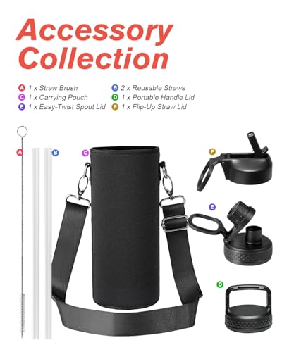 Image of Coolflask 40 oz Water Bottle Insulated with Straw & 3 Leakproof Lids