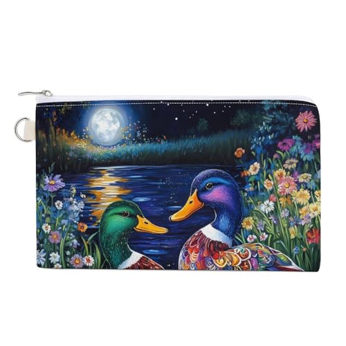 Mallard Duck Print Bird Coin Purse Canvas Change Pouch Portable Pocket Wallet Mini Storage Bag with Zippered Keychain