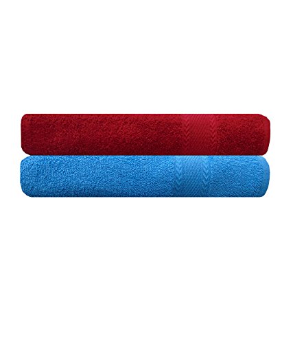 Akin Premium Multicolor Cotton Bath Towels Set of 2 Piece | 500GSM | Length = 55 inch, Width = 28 inch | (Sky Blue, Red)