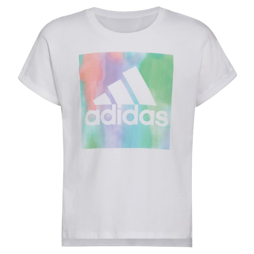 adidas Girls' Big Short Sleeve Dolman Waist Tee 22, White with Multicolor, Small (7/8)