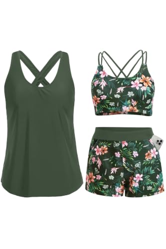 Image of Women's 3 Piece Tankini Swimsuit Tummy Control Bathing Suit with Boy Shorts