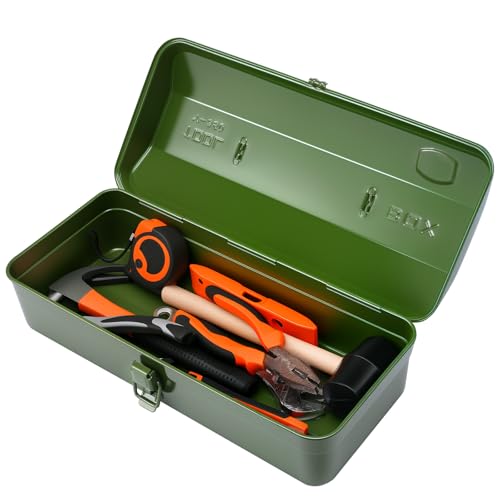 15 Inch Metal Tool Box with Lock - Portable Heavy Duty Workshop Tool Storage Case with Handle Locking Hardware Organizer Box for Tools Screws & Parts (Green)