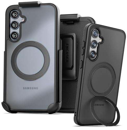 ENCASED Belt Case for Samsung Galaxy S24 FE with Holster Clip and Magnetic Kickstand (Compatible with MagSafe) 360 Rotating Media Stand (Frost/Black), 2024 Release