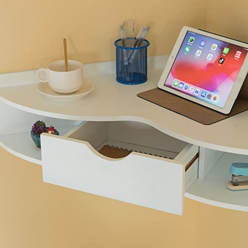 Basicwise White Corner Heart Shaped Wall Mounted Office Table With Drawer And Two Shelves Computer Writing Desk #TOP4