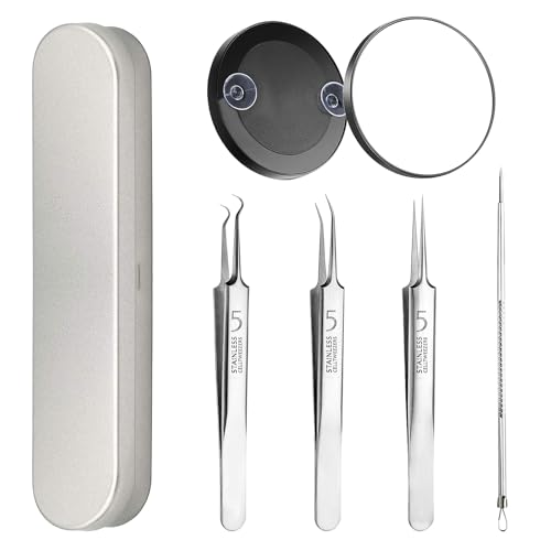 6 Piezas Quitar Puntos Negros Kit, Quita Espinillas Y Puntos Negros con Espejo Aumento Ventosa, Extractor Puntos Negros Y Espinillas Inoxidable Extractor Puntos Negros Orejas Para Limpiar la Cara