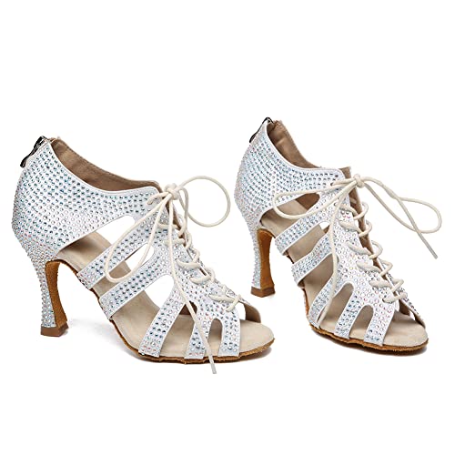 Women's Rhinestone Latin Ballroom Ankle Dance Shoes Satin Lace up Salsa Tango Performance Dancing Boots,Model-L4863