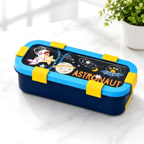 Image of Kids Stainless Steel Lunch Box | Leakproof Bento Tiffin Box with 2Compartments | BPA Free Food Grade Lunch Box for Boys & Girls | Airtight School Tiffin Box with Cutlery Storage |600ml