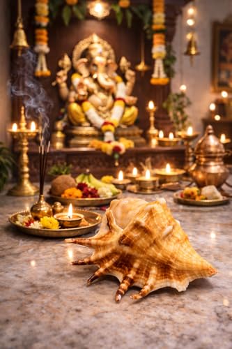 Image of Natural Panchmukhi Vamavarti Shankh for Pooja| Original Blowing Conch Shell for Puja, Temple, Home Decor, Mandir, Spiritual Use| Rare Five Mukhi Sacred Shankh for Vastu, Prosperity (13-15 cm)