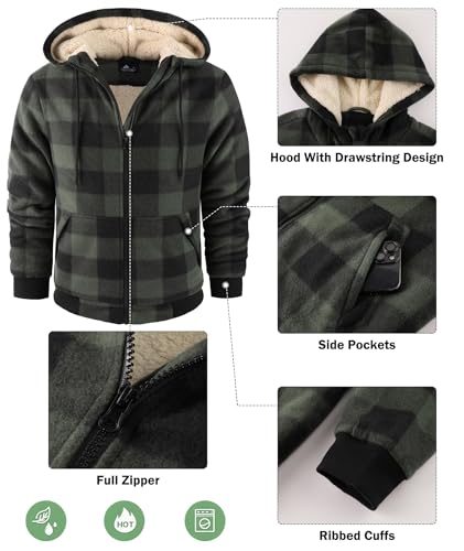 Image of Mens Plaid Hoodies Winter Zip Up Fleece Jacket Sherpa Fleece Lined Warm Flannel Jacket Coat