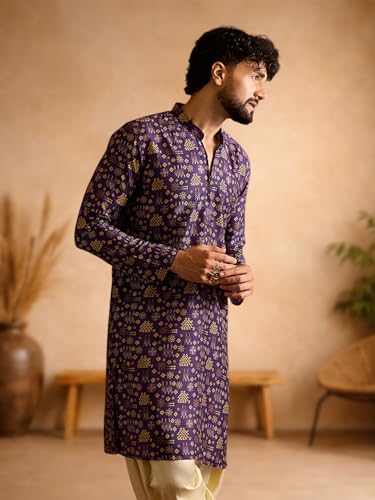 Image of Amazon Brand - Tavasya Men Silk Blend Ethnic Motif Printed Embellished Long Kurta | Regular Fit | Ethnic Wear | Full Sleeve