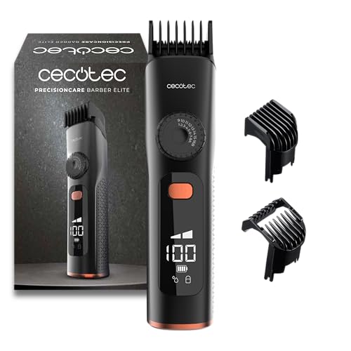 Cecotec Haarschneider PrecisionCare Barber Elite. Edelstahl-Klingen, Einstellrad, 120 Min Akku, IPX6, Kabel & Akku, Display Mit Öl-Reminder, 2 Verstellkämme 1–16 mm, Schnellladung Für Saubere Schnitte