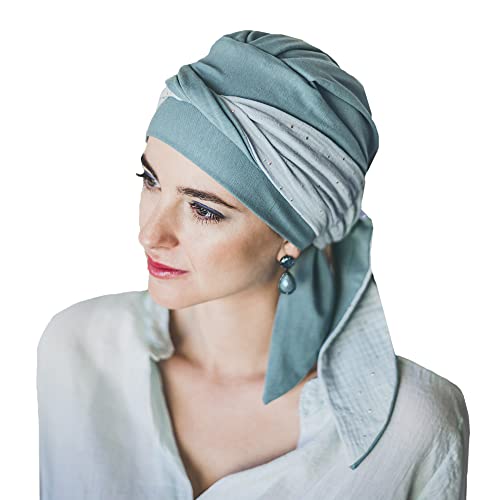 CAREBELL pañuelo oncológico modelo Smooth – diseño Aguamarina Gold en bambú suave y transpirable, especial para quimioterapia, alopecia y pieles sensibles, producido en España