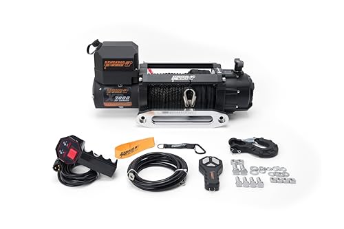 KANGAROO WINCH Schnelle Elektrische Seilwinde 12V mit Funkfernsteuerung - 7000 lbs Zugkraft - Langlebiges Kunststoffseil - Perfekt für Offroad - 4x4 Forst- und Nutzfahrzeuge (K7000XP)