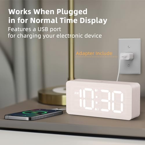 Image of uscce Wooden Digital Alarm Clocks for Bedrooms with 0-100% Dimmable Display | Desk Clock with Large Numbers for Living Room - Loud Dual Alarm for Heavy Sleepers with Volume Control - Wood Decor & Gifts