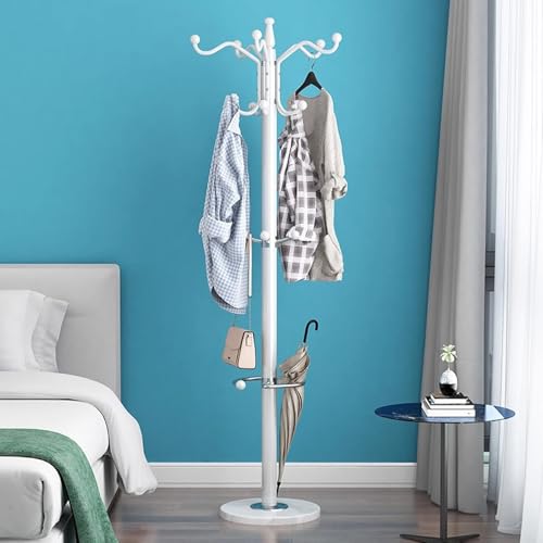 CYQQRDZSW Perchero Burro Ropa Giratorio de 360°, Moderno Colgador Ropa Independiente de Metal con Paragüero, Coat Rack de Base Redonda Para Colgar Ropa, Bolsos y Bufandas(White)