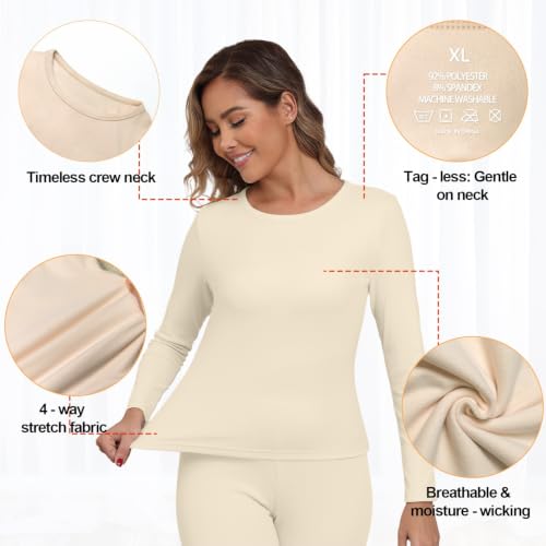 GRECERELLE Women Thermal T Shirt Round Neck Base Layer Top Beige - image 5