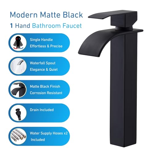 UFaucet Black Vessel Sink Faucet, Matte Black Tall Waterfall Bathroom Faucet Single Handle One Hole Stainless Steel Mixer Tap Bowl Lavatory Vanity Faucet for Rv Camper & Farmhouse - Thumbnail 3