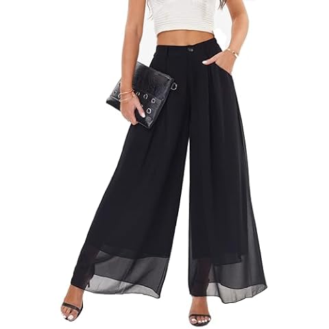 heipeiwa Women's Chiffon Wide Leg Palazzo Pants Flowy Casual Beach Party Dress Long Pants Trouser Black Cover