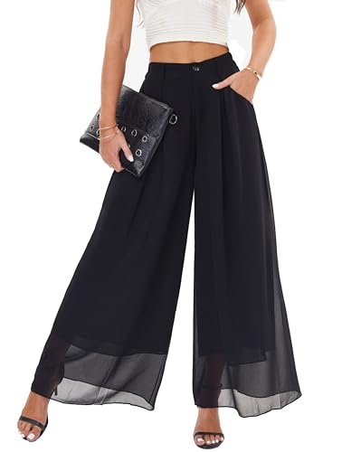heipeiwa Women's Chiffon Wide Leg Palazzo Pants Flowy Casual Beach Party Dress Long Pants Trouser